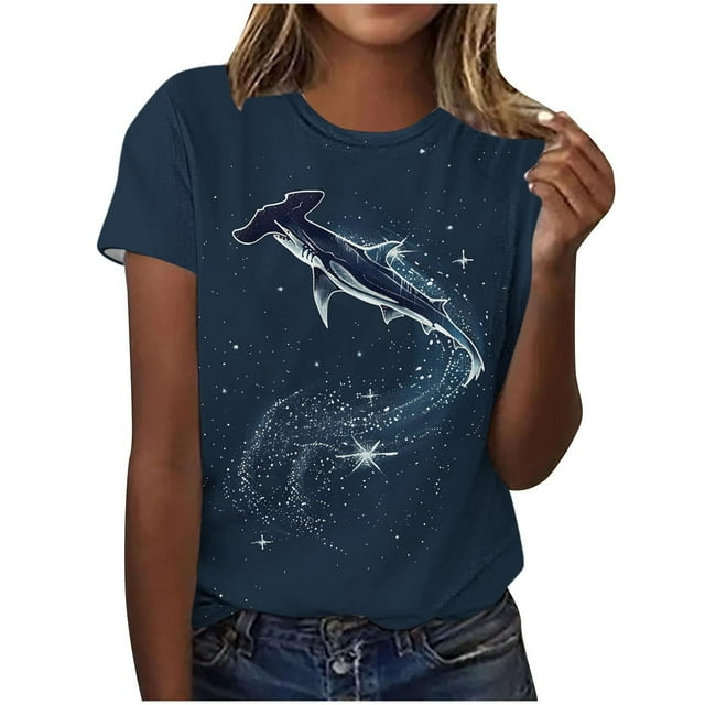 Tops de Ajuste Suelto para las Mujeres Sudadera Casual Impresa Manga Corta Cuello Redondo Superior, Poliéster
