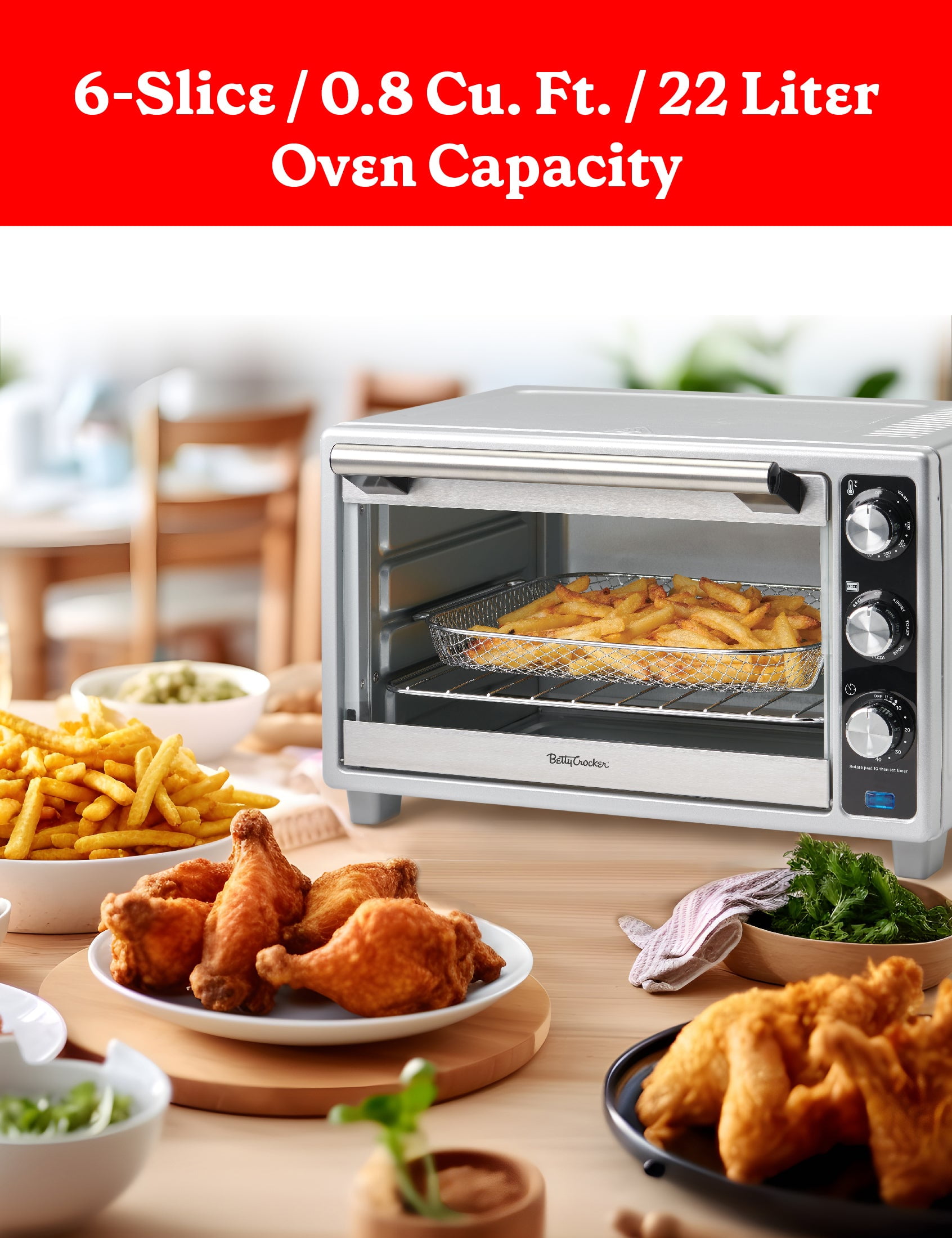 Betty Crocker Air Fryer Convection Toaster Oven, Multifunction 6-Slice Toaster and Air Fryer Oven, 0.8 Cu. Ft. 6 Slice Capacity AirFryer Toaster Oven Combo, 7 Function Convection Oven, Silver