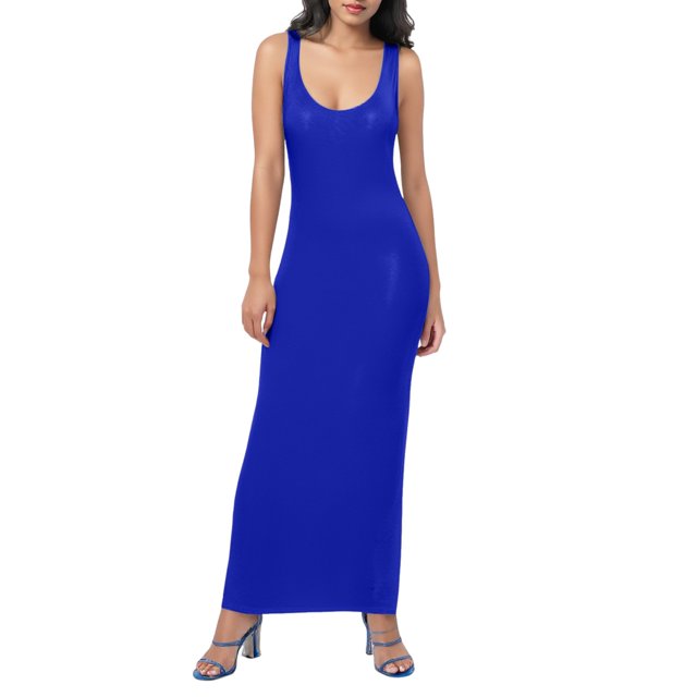 JFHHQ Robe Midi Couleur Unie Élégante Robe Décontractée pour Femmes Jupe Longue Débardeur Couleur Unie Robe à la Mode pour Tous les Jours S Bleu