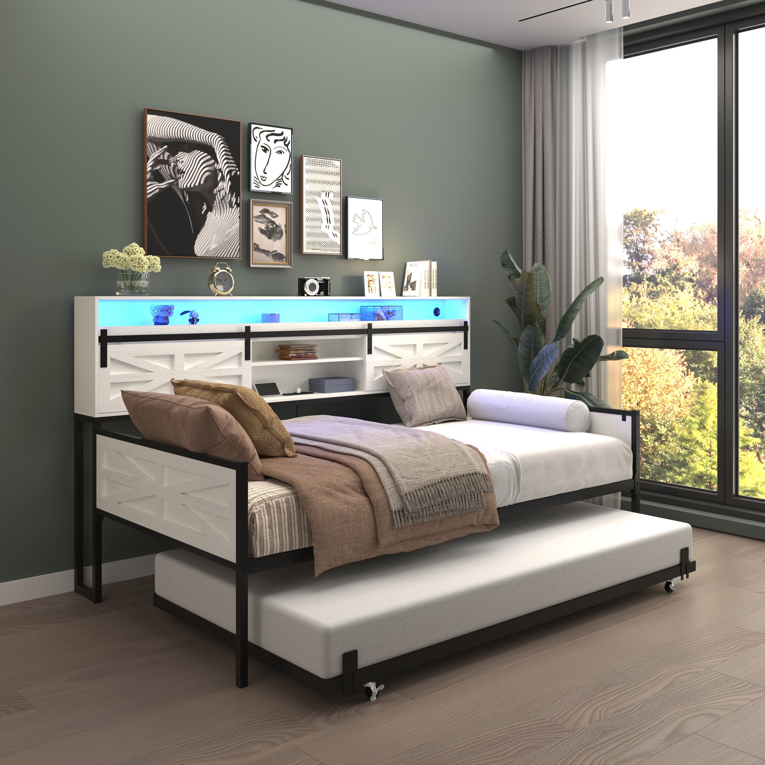 Mintazer Farmhouse Twin Bed Frame with Trundle & RGB LED Headboard, Platform Daybed with Sliding Barn Door Storage for Bedroom & Living Room, White