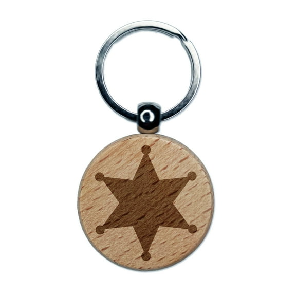 Sheriff Policeman Badge Round Keychain Charm Tag - Engraved Wood