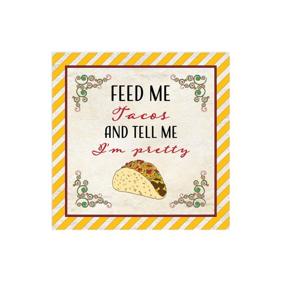 Feed Me Tacos Pretty Yellow Stripe Taco 12 x 12 Wood Wall Sign Plaque