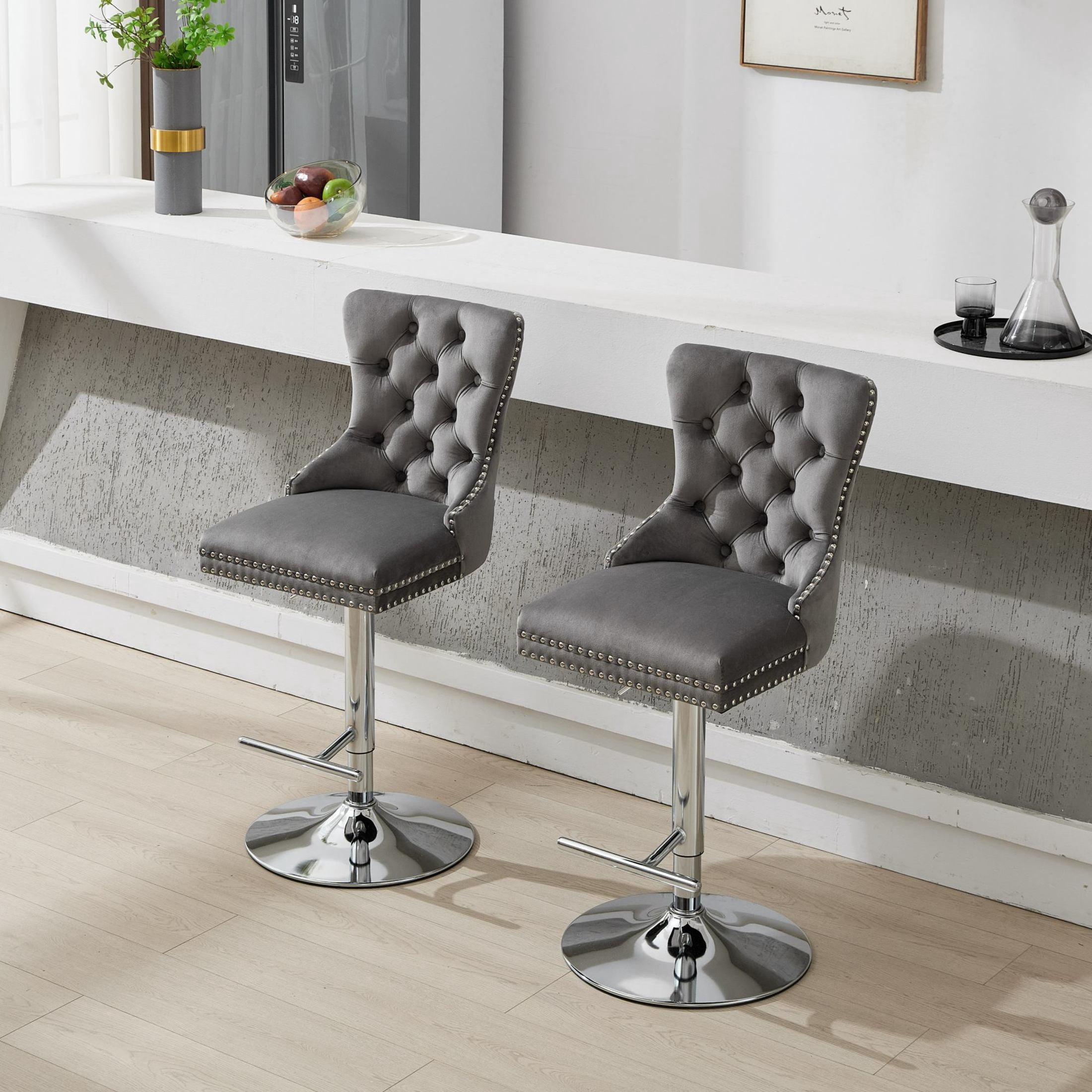 Noble House Set of 2 Swivel Barstools, Adjustable 27-35" Height, Tufted Velvet Upholstery, Gray