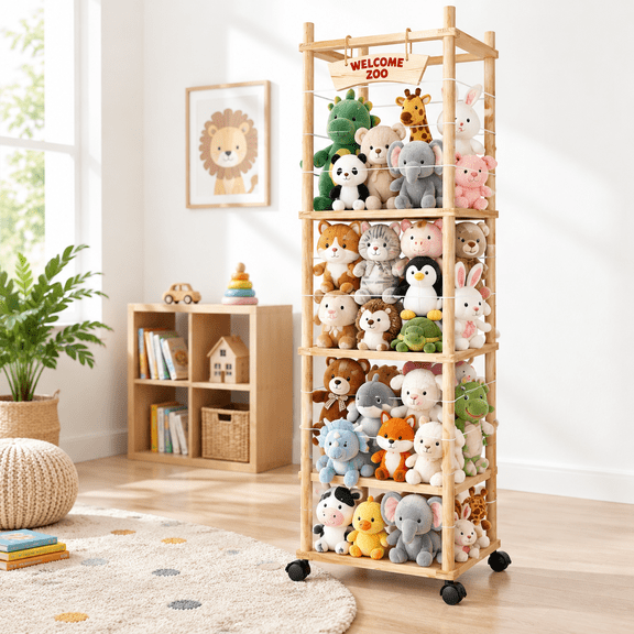 Wooden Stuffed Animal Storage Rack with Casters, Holds Over 40 Plush Toys