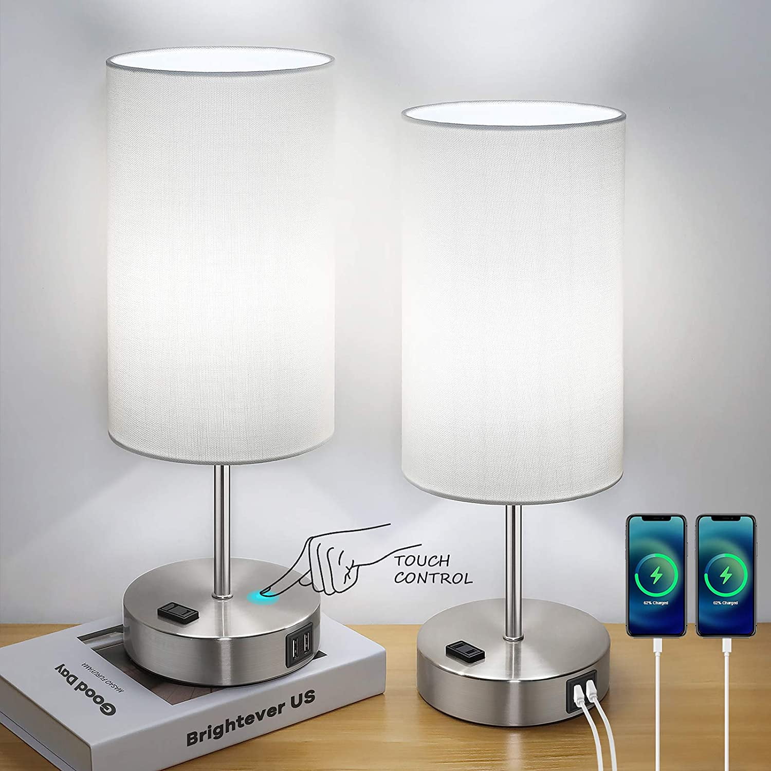 Set of 2 Touch Control Table Lamps with 2 USB Charging Ports&AC Outlet
