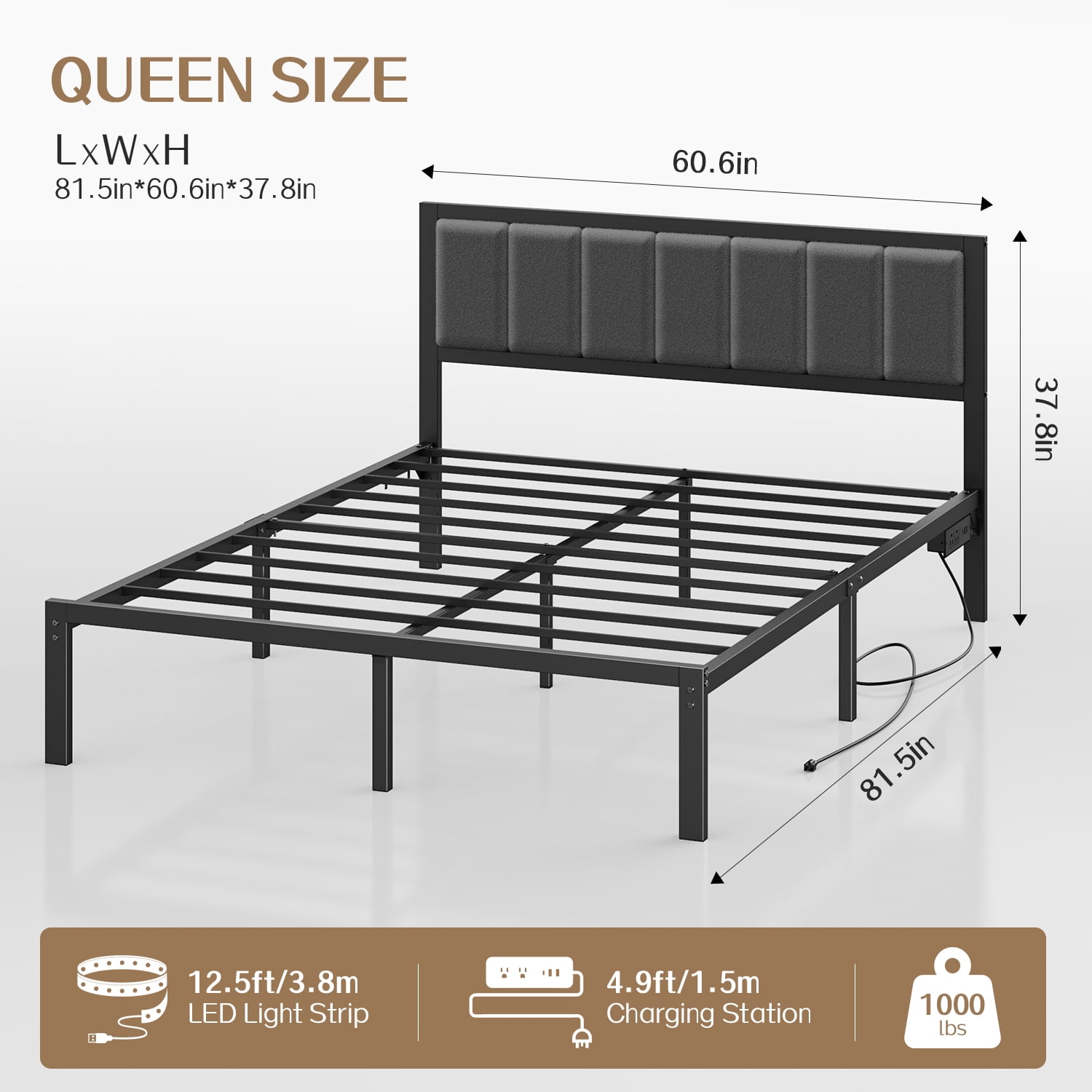 OLEVS Queen Size Bed Frame with Upholstered Headboard, LED Light and USB Socket, No Box Spring Needed