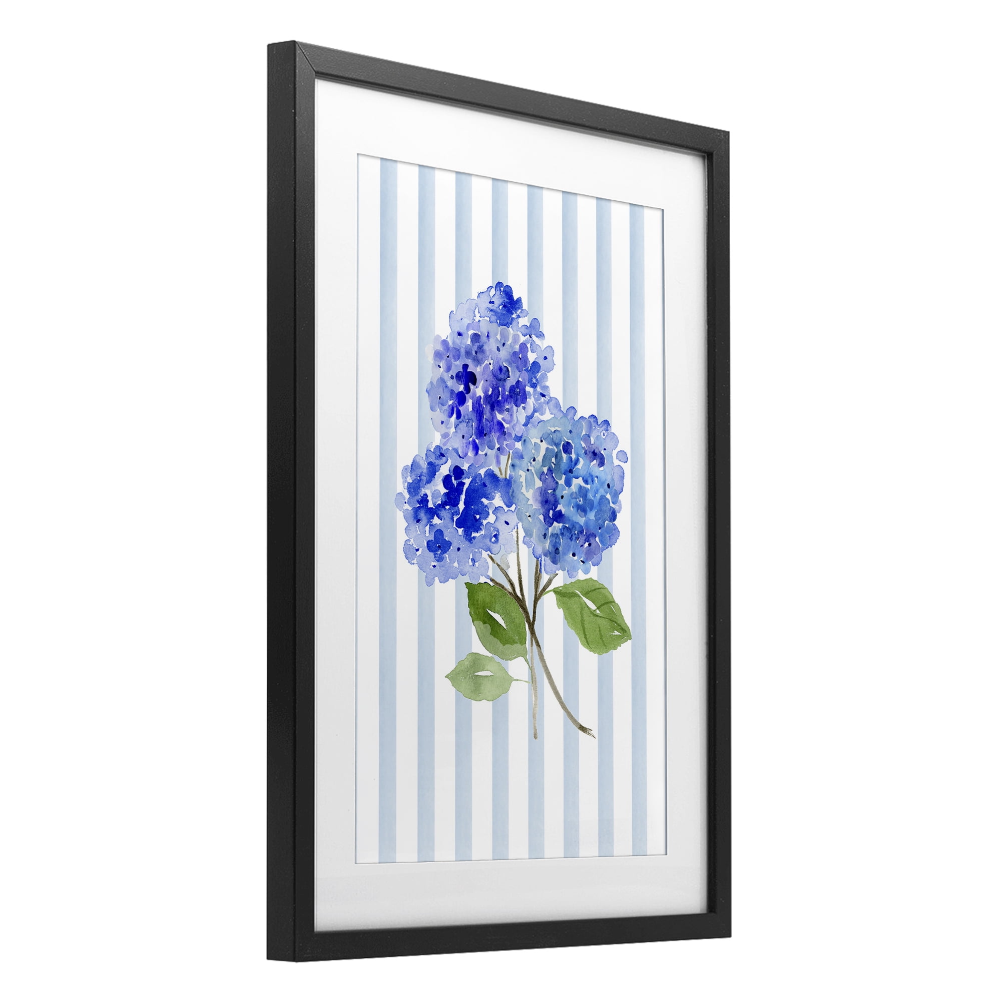 Stupell Industries Blue Hydrangeas over Stripes Black Framed Print Under Glass, design by Corinne Haig