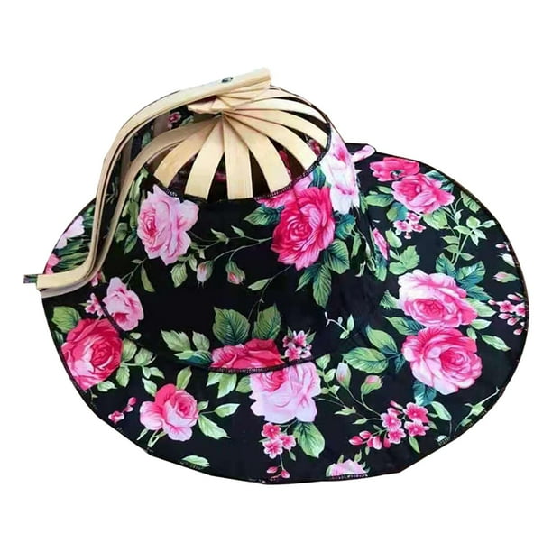 Sombrero para el sol 2 en 1, plegable, de bambú, de mano, diseño hueco, multifuncional y compacto. peonía negra