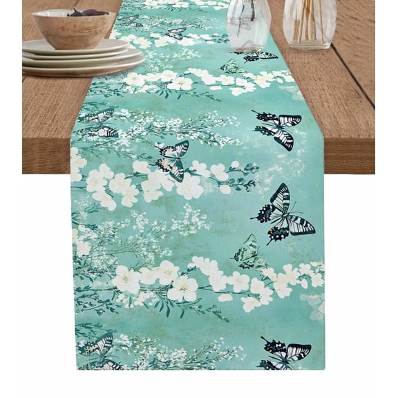 Ldtrchee Butterfly Flower Table Runner 90 Inches, Retro Green Botanical Plant Leaves Bed Runner Dresser Scarves Tabletop for Indoor Outdoor Parties/Ceremony/Banquet, 13" x 90"