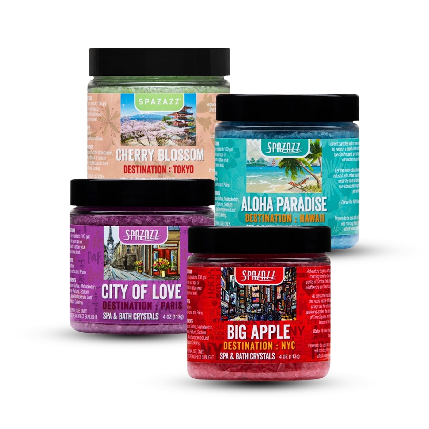 Hot Tub & Spa Aromatherapy Bath Salt Crystal Scents Spazazz Destinations Collection Bundle Aloha Paradise, Big Apple, City of Love, Cherry Blossom - Will Not Damage Spas & Hot Tubs (4 oz)