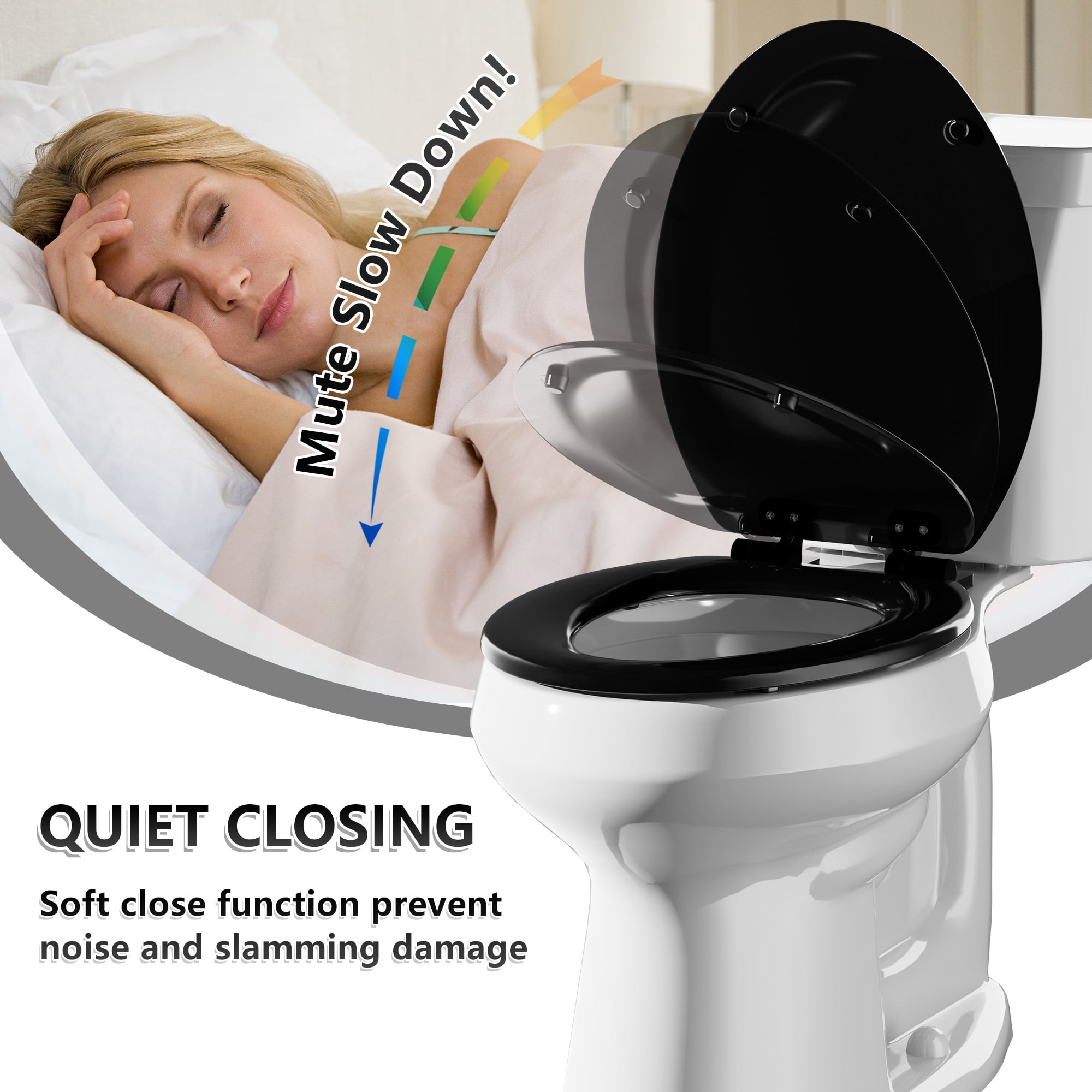 Angol Shiold Wood Toilet Seat with Non-Slip Adjustable Hinges, Quiet-Close ( Black, Elongated 18.5'' )