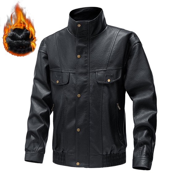 Maoxin Mens Leather Jacket Men Zipper Pocket Artificial Leather Clothing Long Sleeves No Hat Fall And Winter Loose Coat Jacket for men Black 4XL