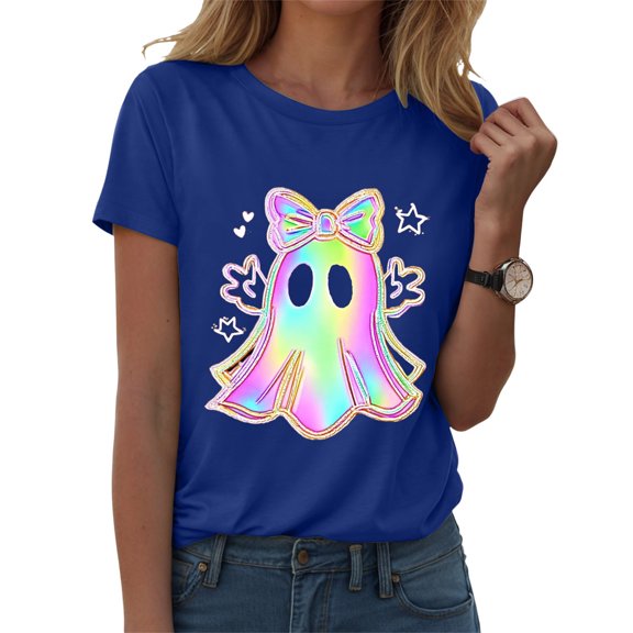 felwors Halloween women's shirt 2025 cute ghost cotton shirt autumn pumpkin T-shirt round neck pattern T-shirt casual short sleeved top Dark Blue, XXL