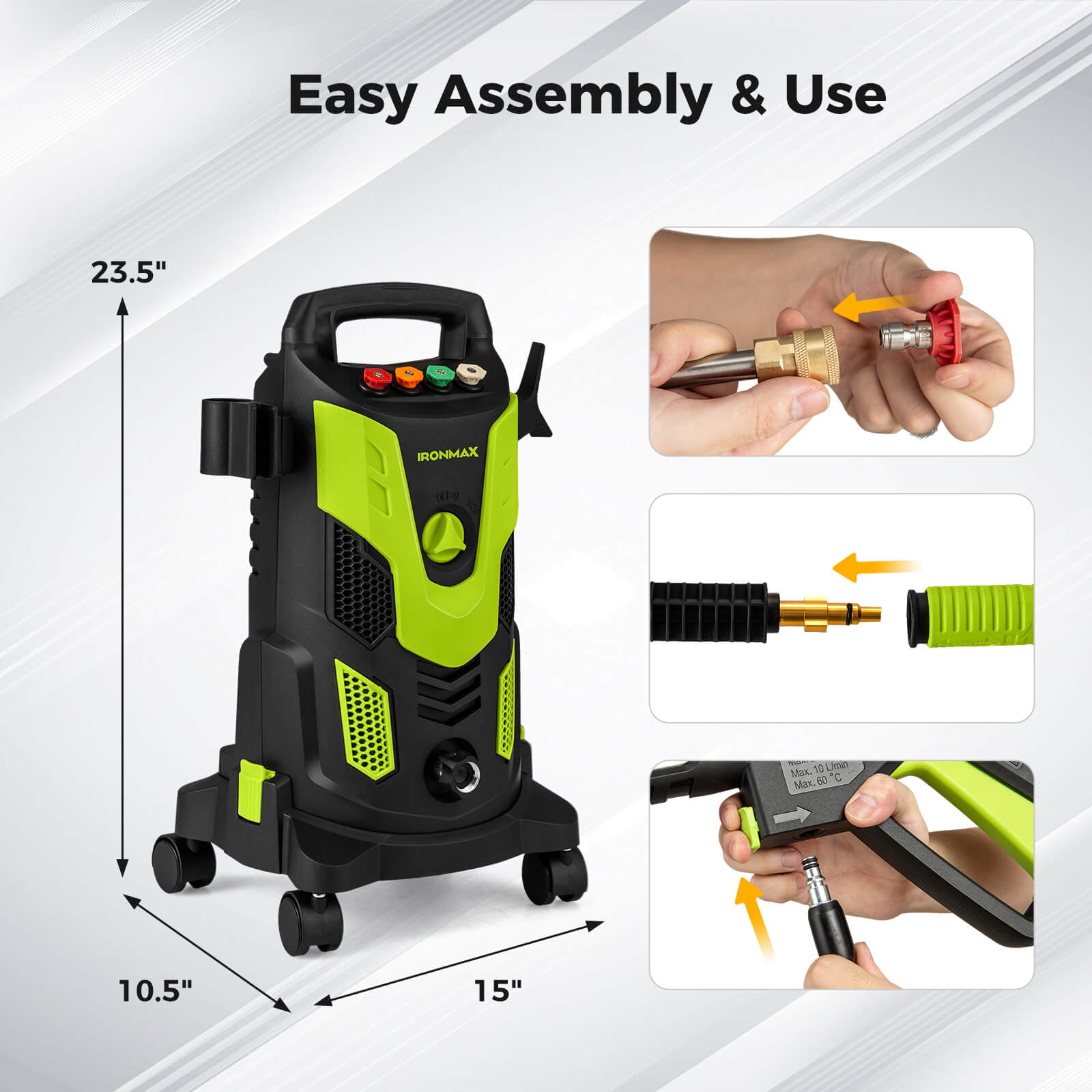 Ironmax Electric Pressure Washer with 4 Nozzles & Soap Bottle Lockable Wheels for Cleaning Green