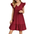 thumbnail image 4 of Juslio Girls Dresses A Line Dresses Ruffle Sleeve V-Neck Knee Length Casual Summer Beach Red Sundress, 4 of 5
