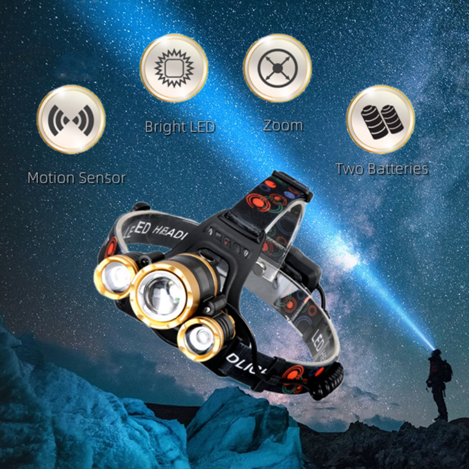 Waterproof 10000 Lumen 3 Led Headlamp XML T6 Head Lamp Powerful Led Headlight, Rechargeable Flashlight Head Lights for Camping, Hiking, Outdoors (Gold) (Gold)