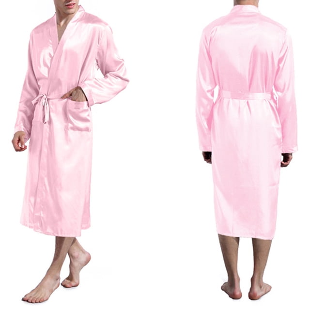 Amzcrzy Men's Robe Casual Solid Color Drawstring Bathrobes Fashion Soft Satin Robes Lightweight Knee Length Robes Nightgowns
