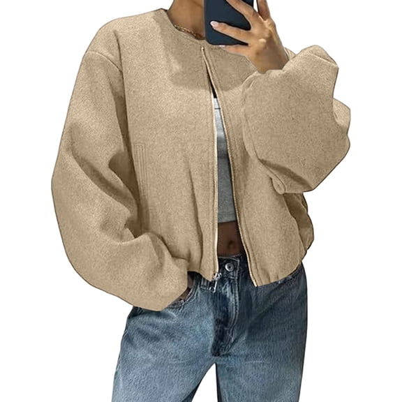 Stichou Womens Wool Coats Oversized Cropped Bomber Jackets Casual Long Sleeve Zip up Jackets Fall Winter Outwear with Pockets Khaki 2XL