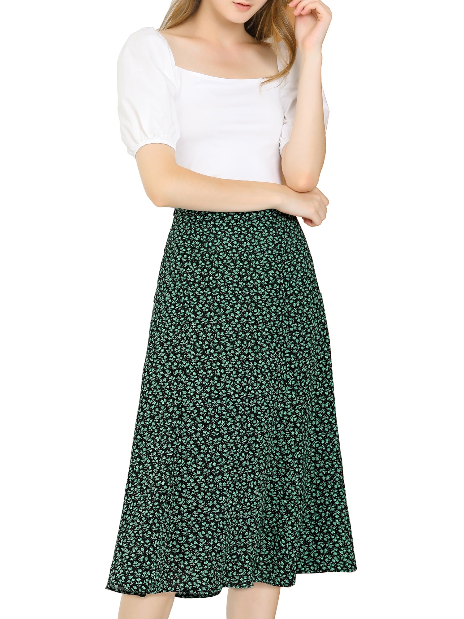 DARING DIVA Women's Elastic Waist A-Line Floral Print Midi Skirt XS Green