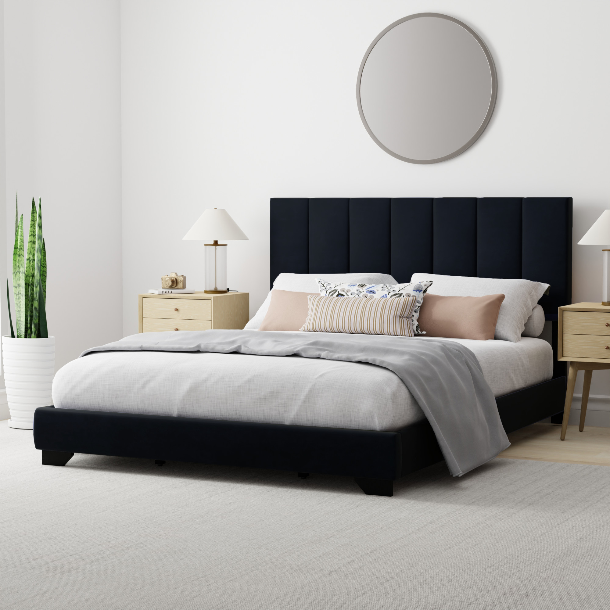 Reece Channel Stitched Upholstered Queen Bed, Black, by Hillsdale Living Essentials