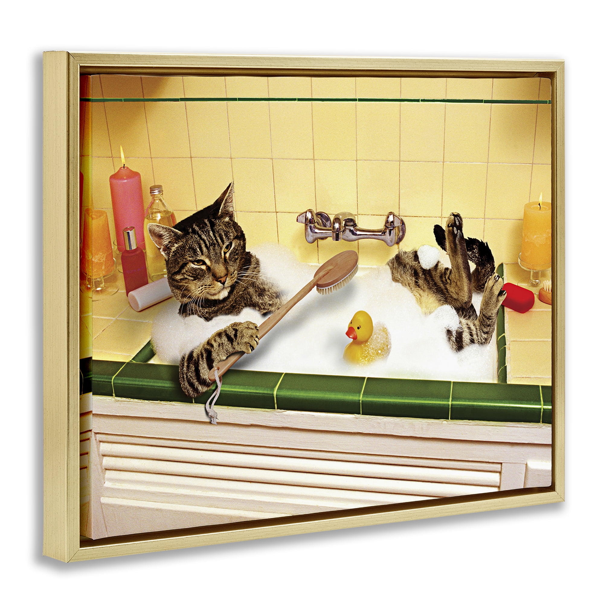 Stupell Industries Cat Bathing in Tub Typography Painting Gold Floater Framed Canvas Art Print Wall Art, 31 x 25