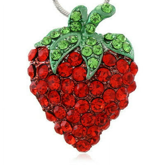 Green Leaf Red Strawberry Berry Fruit Pendant Necklace Charm Silver Tone Jewelry