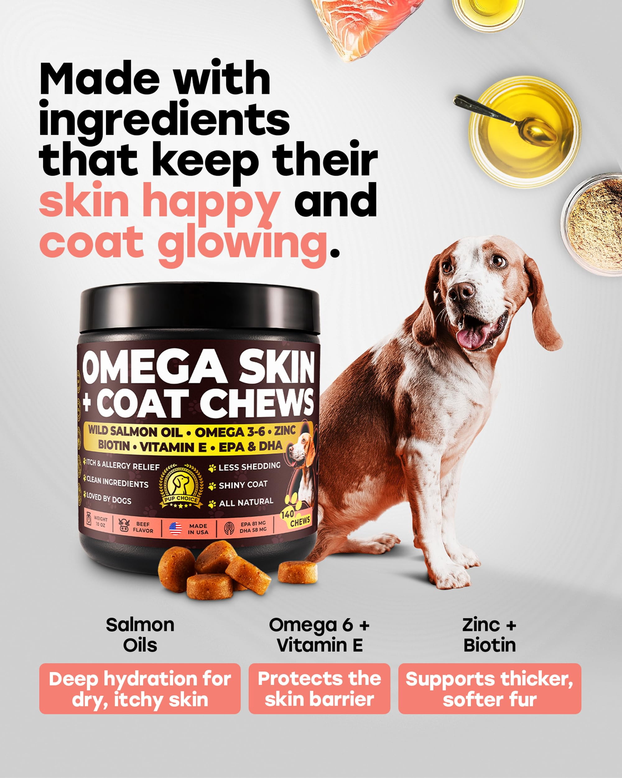 Pup Choice Omega 3 & 6 Skin & Coat Chews for Dogs with Wild Salmon Oil, Biotin & Zinc – Supports Healthy Skin, Shiny Coat & Shedding, Salmon Flavor, 140 Count