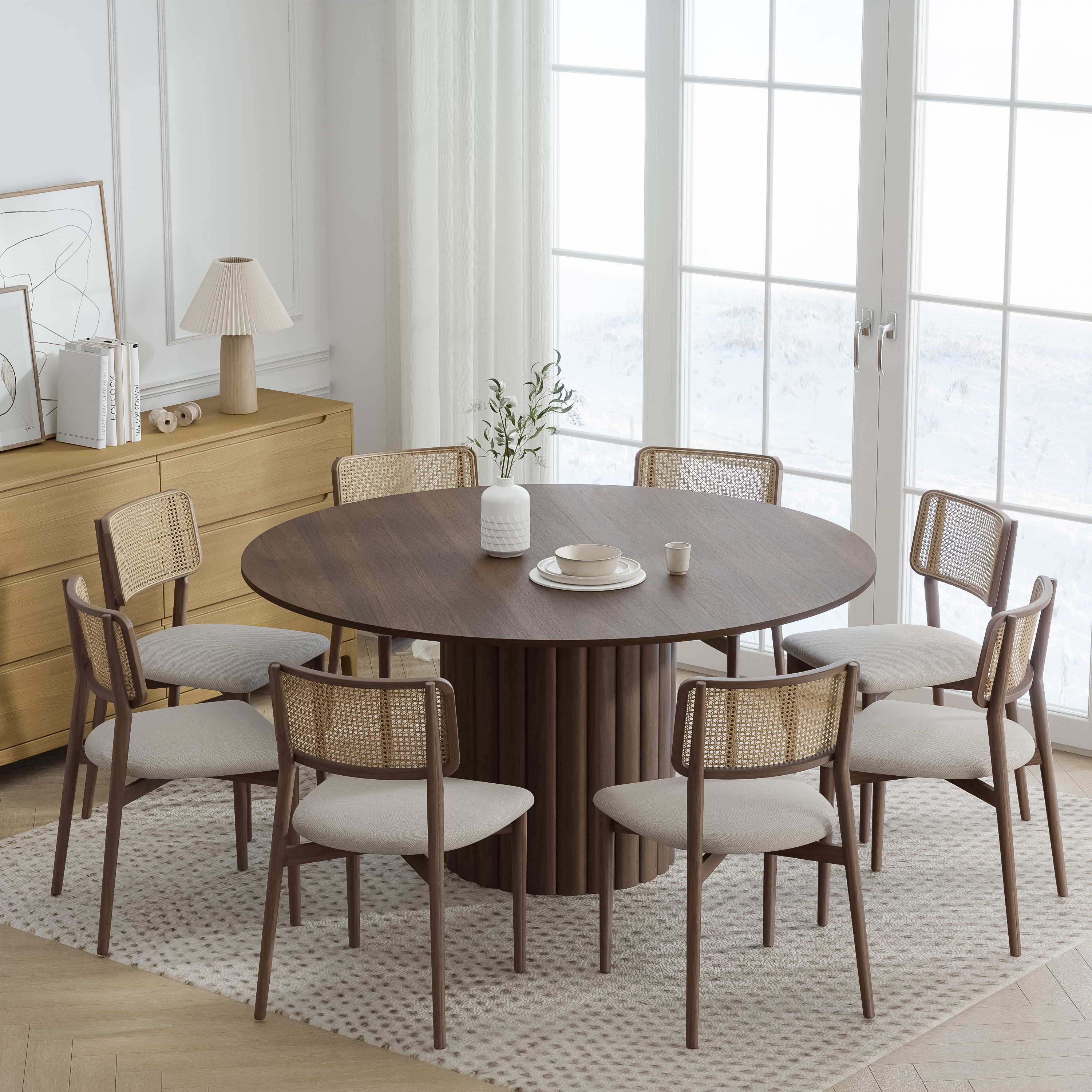 MAYEERTY 60 in. Soild Wood Walnut Dining Table Round Kitchen Table