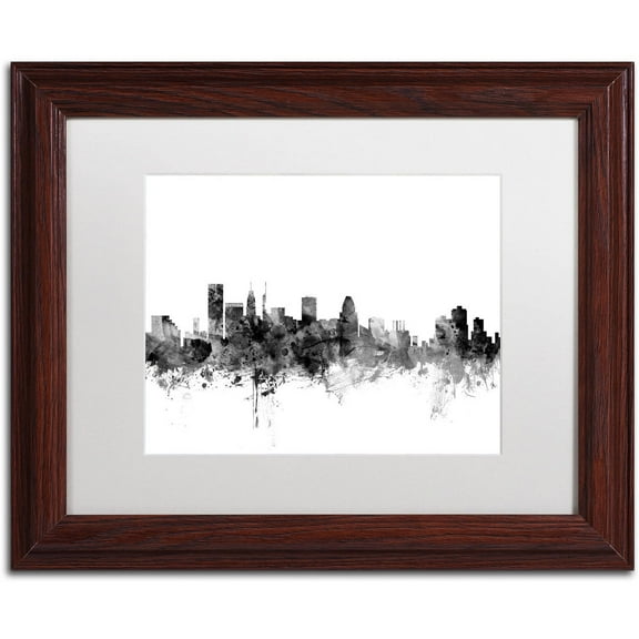 Trademark Fine Art "Baltimore Maryland Skyline B&W" Canvas Art by Michael Tompsett, White Matte, Wood Frame