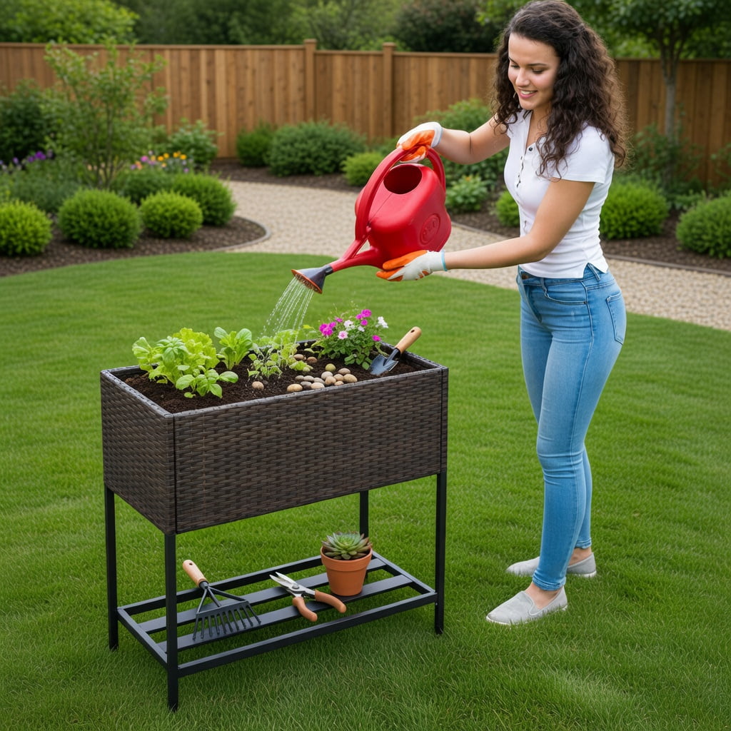GVN Planter Garden Boxes Outdoor,Wicker Raised Garden Bed with Storage Shelf and Removable Liner for Flowers