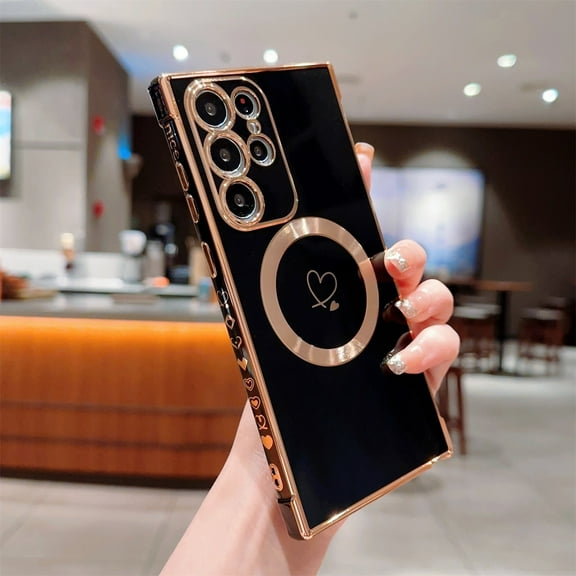 SaniMore Case for Samsung Galaxy S22 Ultra 6.8" 2022, Plaitng Bumper Stylish Love Heart Ultra-slim Lightweight Magnetic Shell [Wireless Charging] Lens All-inclusive Full Protective Cover, Black