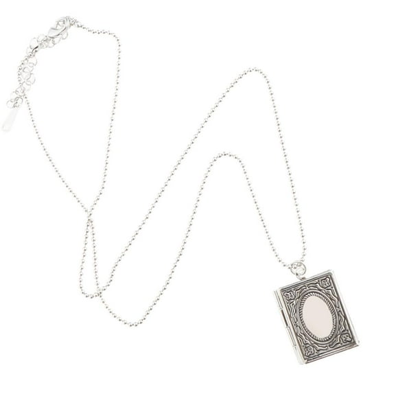 Collar con medallón de libro rectangular Sunnimix Moda DIY Photo Lockets Charm Plata