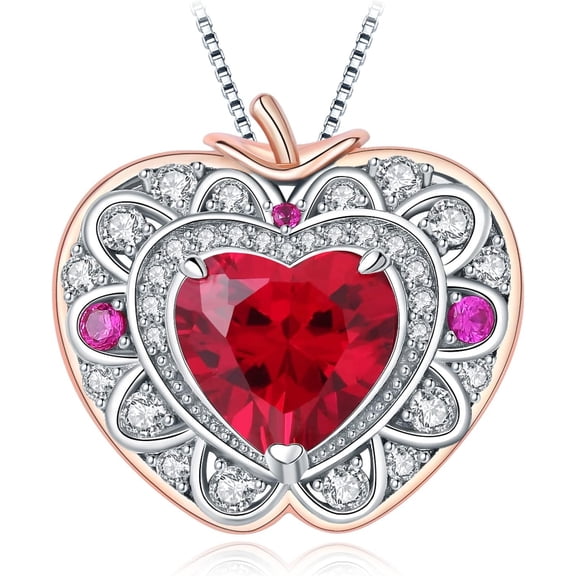 Apple Heart 1ct Created Red Ruby Hollow Pendant Necklace for Women, Cute 14k Rose Gold Plated 925 Sterling Silver Necklace, Gemstone Jewelry Sets 18 Inches Chain
