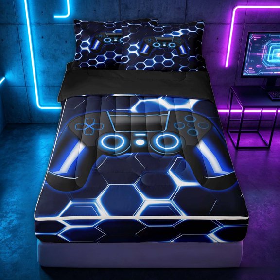 meiyoeat Gradient Gamepad Zipper Twin Comforter Sets with Fitted Sheet and 2 Pillowcases for Boys Gamers, Neon Honeycomb Blue Gaming Zipper Bedding Set, Black Reversible