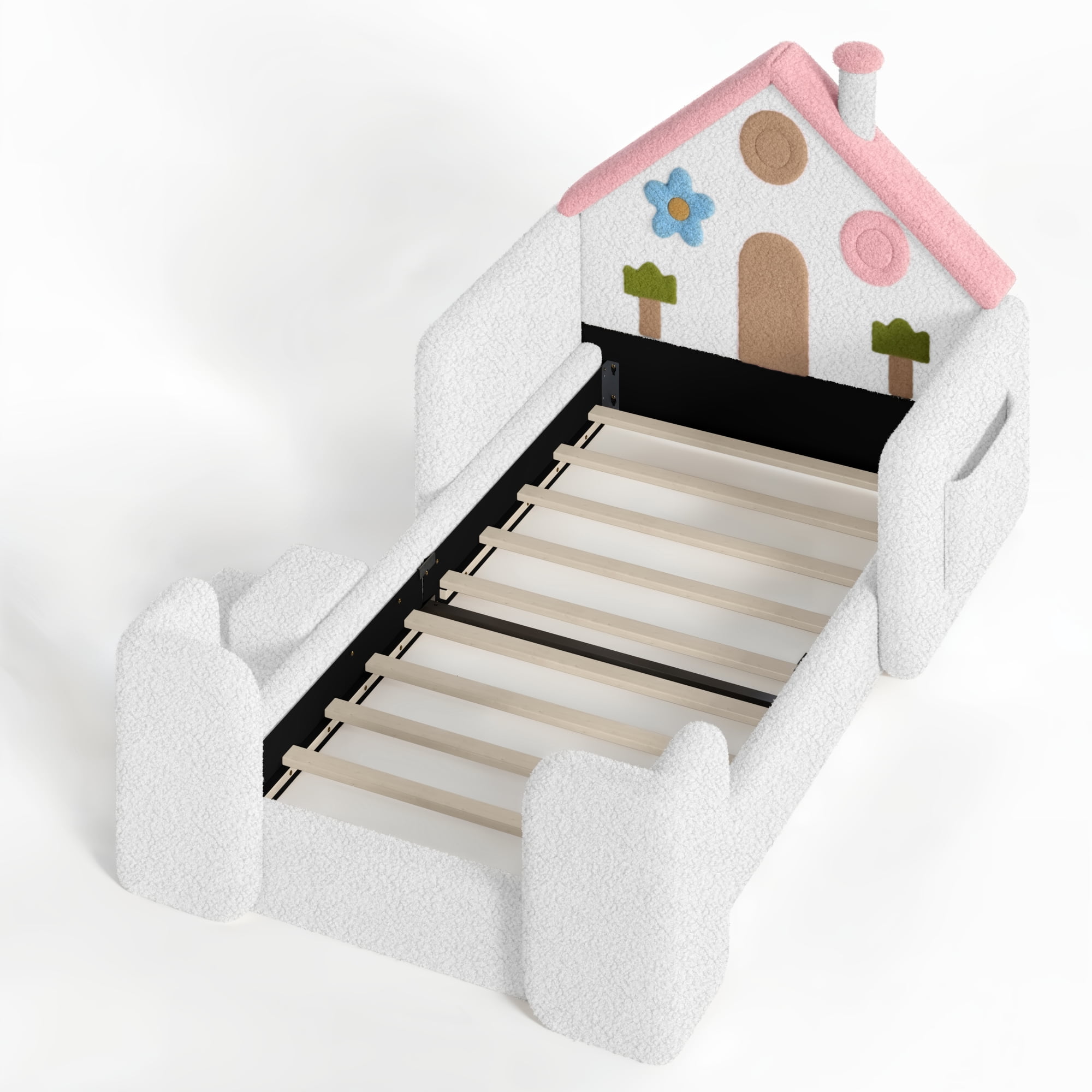 HOQBN Twin House Shaped Upholstered Floor Bed, Upholstered Kids Bed with Safety Side Rails, Low Floor Playhouse Bed for Nursery & Kids Bedroom White & Pink