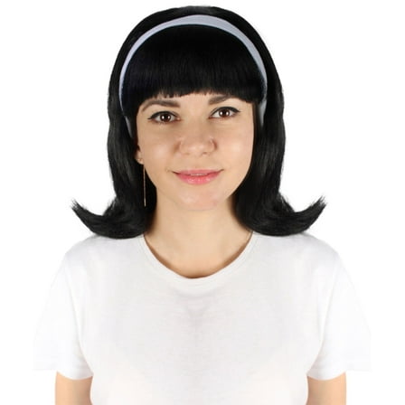 HPO Adult Women's Black Color Straight Shoulder Length 50's Flip Wig with White Headband, Made Of Synthetic Fiber
