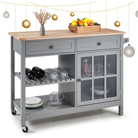 42" Kitchen Island Cart on Wheels, Rolling Storage Cabinet Station with Solid Wood Top, 2 Drawers, Towel Rack, Open Display Shelf, Gray