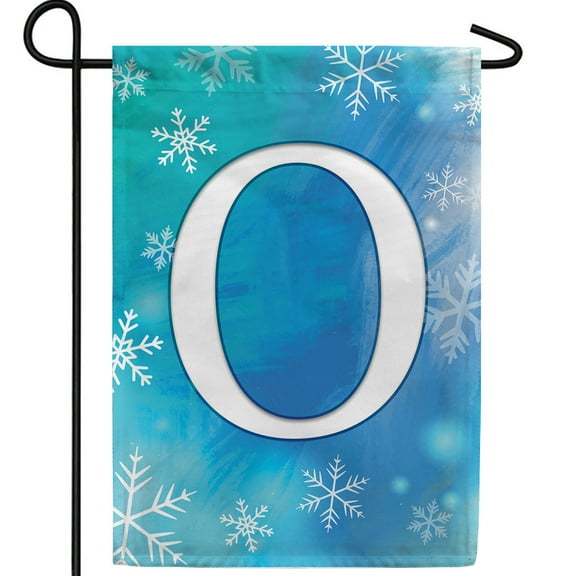 America Forever Winter Monogram Letter O Garden Flag Vertical Double Sided 12.5 x 18 inches Blue Snowflake Winter Holiday Seasonal Flags for Outdoor, Yard, Porch Decoration Snowfall Garden Flag