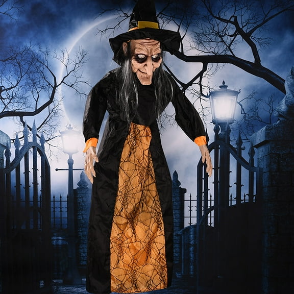 Halloween animated witch with sound and light effects (AAA batteries not included), perfect for haunted house decoration, voice-activated witch party horror hangings, Halloween escape props