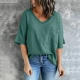 thumbnail image 2 of Camiseta sólida a la moda para mujer, blusa de media manga con cuello en V, blusas con bolsillos Pompotops  hfajkhk128681, 2 of 8