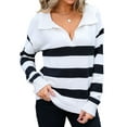 thumbnail image 3 of Women'S V Neck Striped Sweater Long Sleeve Oversized Fashion Knitted Pullover Fall Sweaters Tops White L, 3 of 9