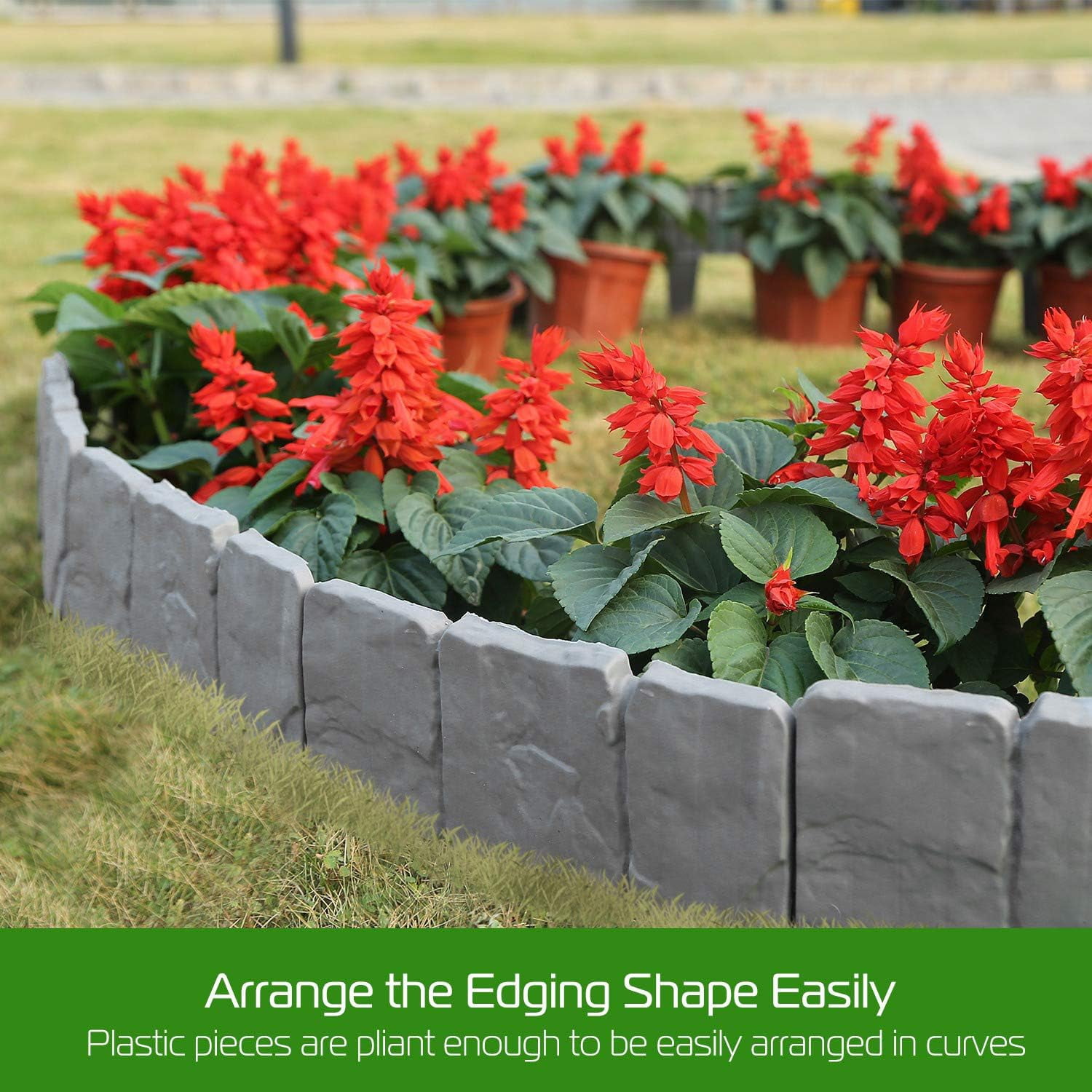 20PC Stone-Look Garden Edging Kit (16ft) - Interlocking Landscape Borders with Stakes | Dig-Free UV-Resistant Lawn & Flower Bed Barrier