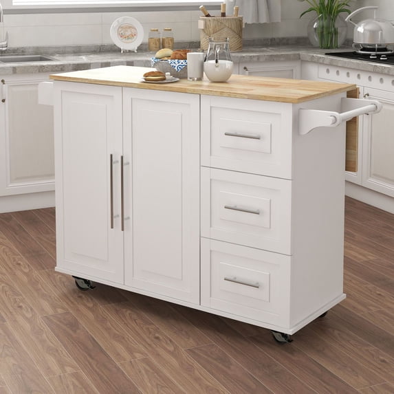 Kitchen Island Cart with Drop-Leaf Tabletop, Trolley Cart with Large Cabinet, 3 Drawers & Spice Rack & Towel Rack, Kitchen and Dining Room Utensils Organizer on Wheels, White