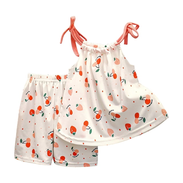 TTUHYWXI Girls Tank Top Short Sleeved Shorts Set Comfortable And Breathable Cartoon Print Girls Set (Beige, 6-12 Months)