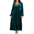thumbnail image 2 of Blczomt Velvet Womens Holiday Dresses 2025 Flowy Midi Green Long Sleeve A Line Plus Size Soft V Neck Dress, 2 of 8