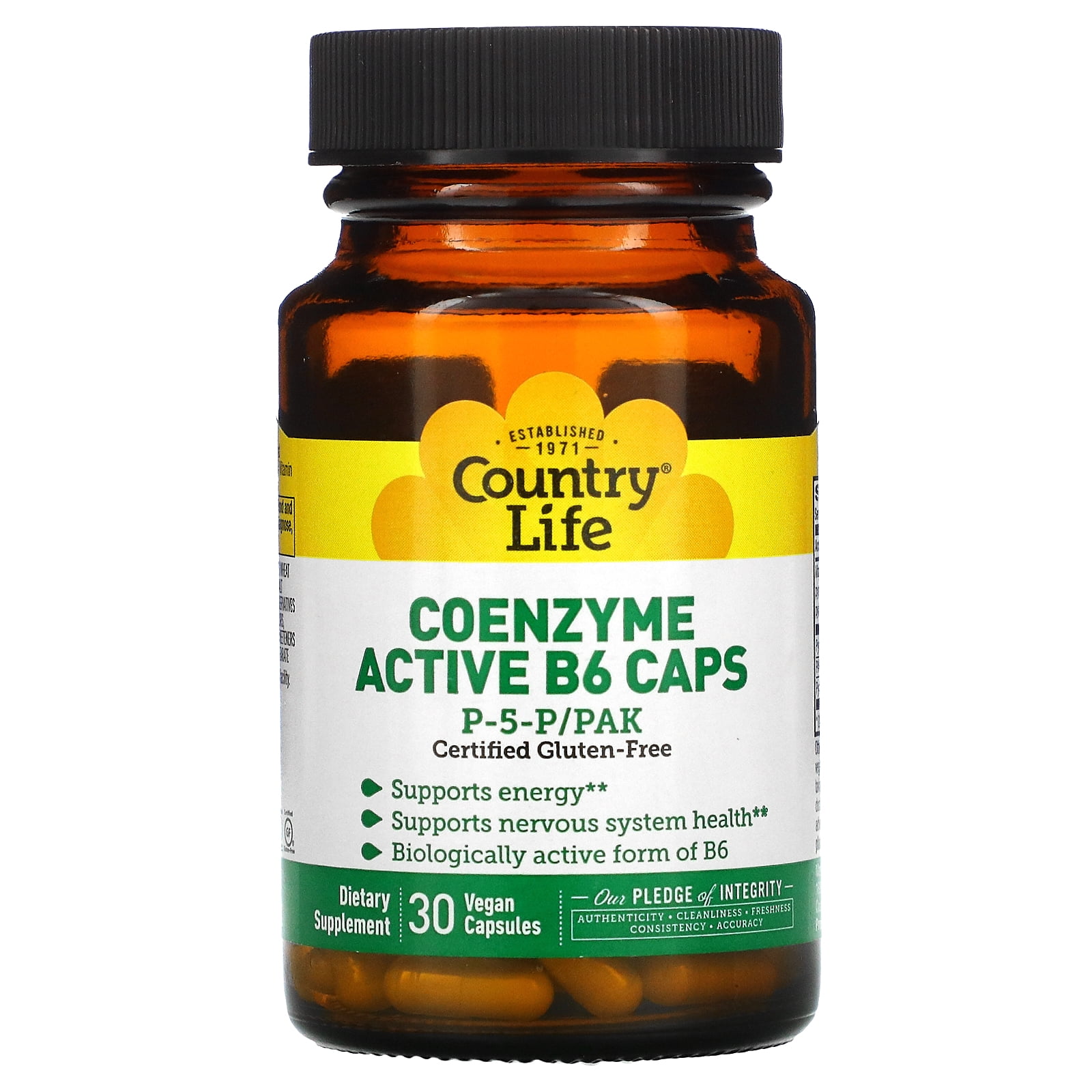 Country Life Coenzyme Active B-6, 50mg Vitamin B6-30 Vegetarian Capsules - Supports Energy, Nervous & Immune Systems - 25mg P-5-P Vitamin B6 - Certified Gluten Free, Vegan - No Artificial Additives