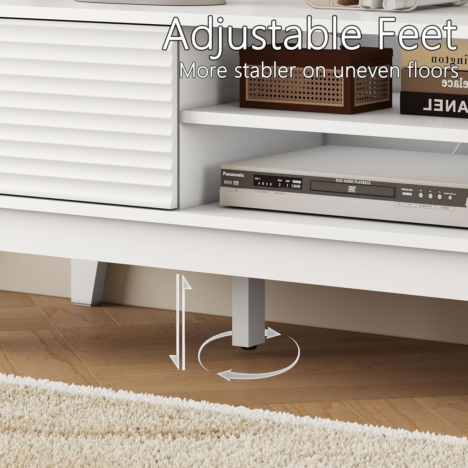FANRAL Mid-Century Fluted TV Stand for 65 Inch TV,Modern Entertainment Center with Sliding Doors,Media Console with Adjustable Shelves & Cable Holes for Living Room,White TV Stand