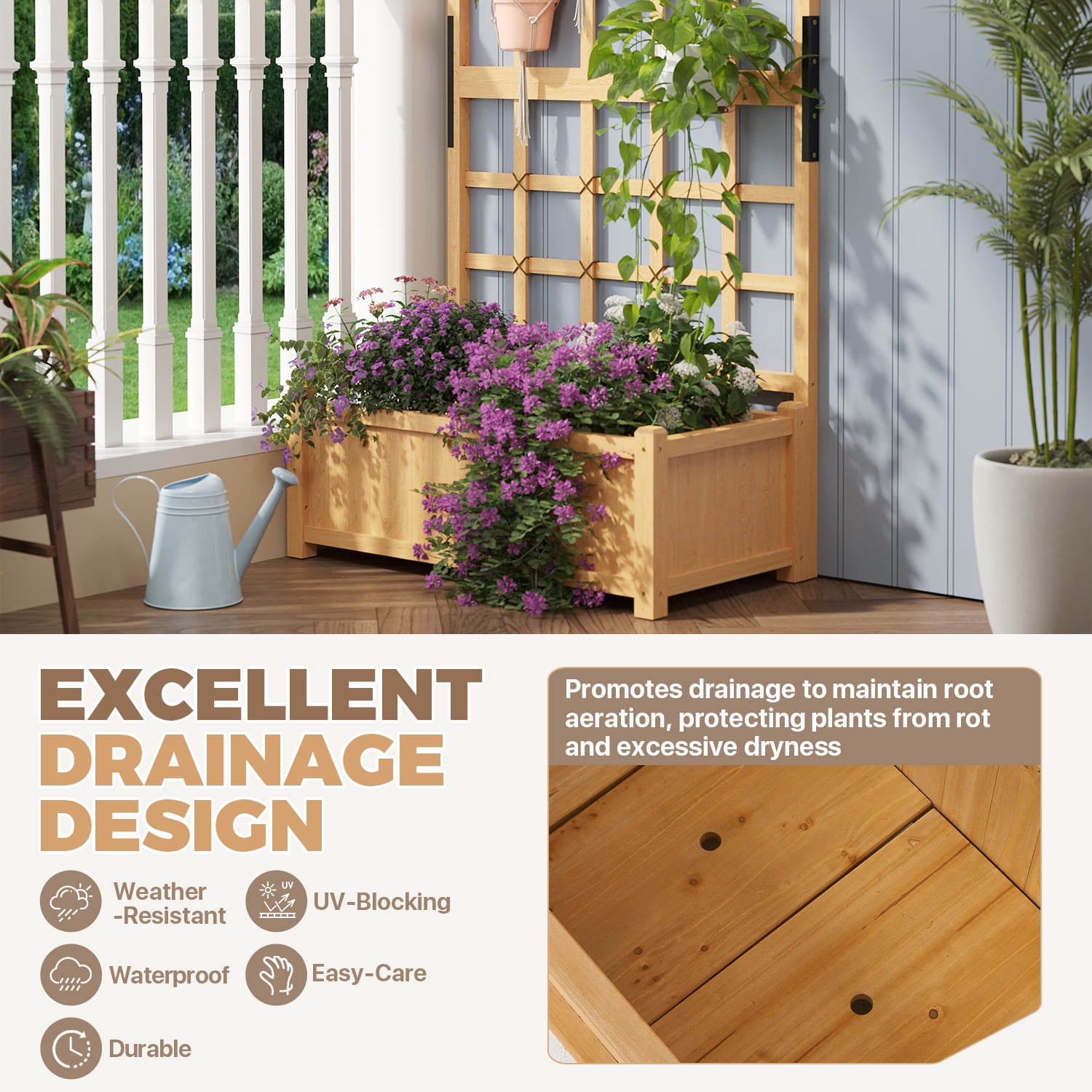 BaPiPro Tall Wood Planter Box with Trellis - 35"W x 72"H Raised Garden Bed with Hanging Roof, Outdoor Elevated Planter for Climbing Plants, Flowers