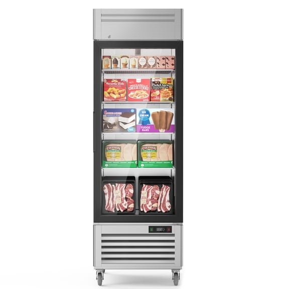 Coolake 27" Glass Doors Commercial Display Freezer, 23 Cu. Ft Stainless Steel Upright Merchandiser Freezer