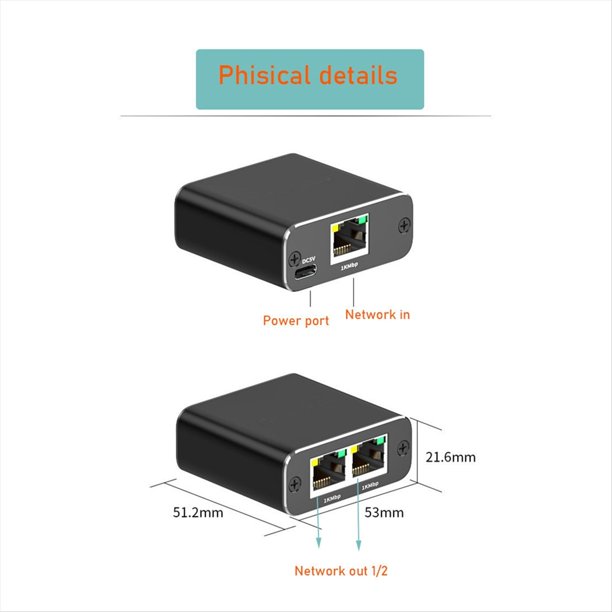 Divisor Ethernet 1 A 2 Conmutador Ethernet de Alta Velocidad 1000Mbps Divisor Ethernet Gigabit de 2 Puertos con Cable de Alimentación